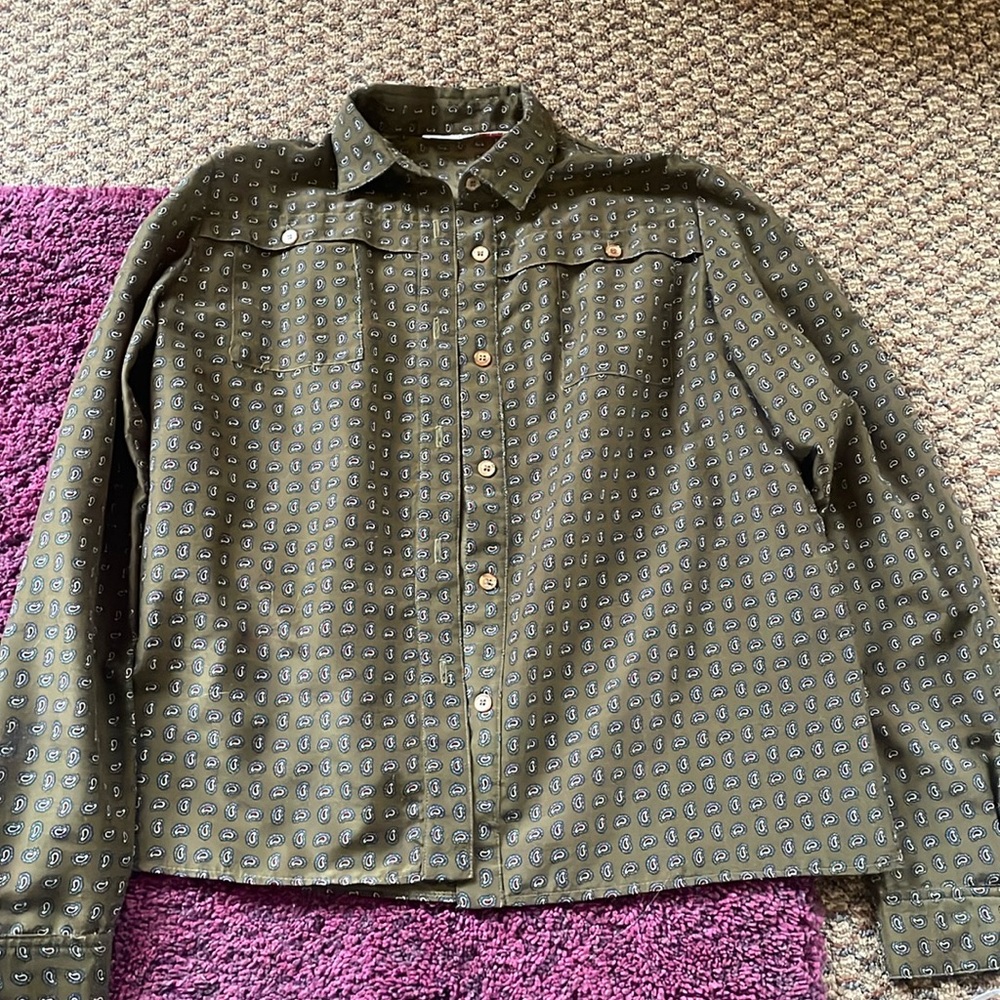 Designer Giorgio Sant-Angelo - 1970s Olive Green Paisley Button Down Top